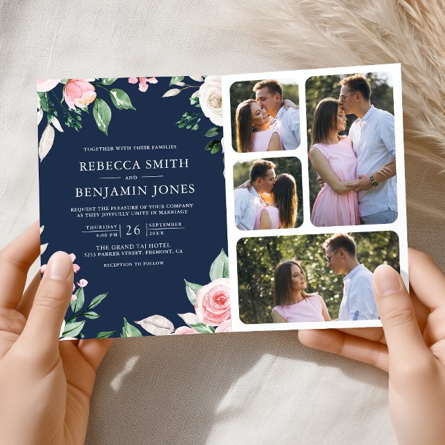 Convite Código QR Floral Rosa Bege Azul Marinho Casamento (Criador carregado)