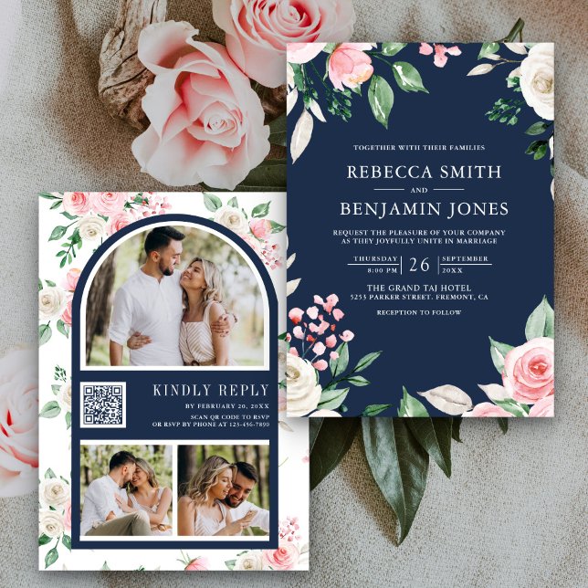 Convite Código QR Floral Rosa Bege Azul Marinho Casamento (Criador carregado)