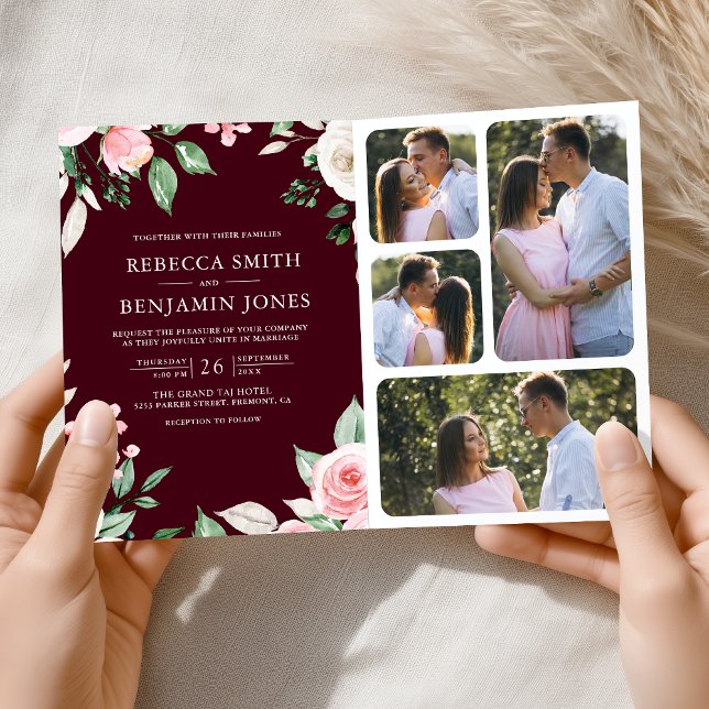 Convite Código QR Floral Rosa Bege Casamento Borgonha (Criador carregado)