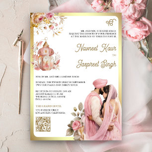 Convite Código QR Floral Rosa Claro Anand Karaj Casamento 