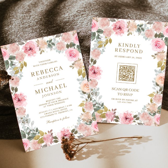 Convite Código QR Floral Rosa e Dourado Casamento (Criador carregado)