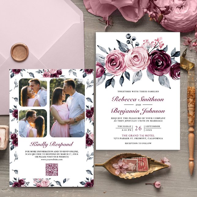 Convite Código QR Floral Rosa Empoeirado Ameixa Roxo Casam (Criador carregado)