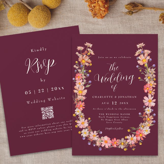 Convite Código QR Floral Rústico de Outono Boêmio Borgonha (Boho fall rustic wildflower burgundy and cream ivory wedding qr code invitation Watercolor florals)