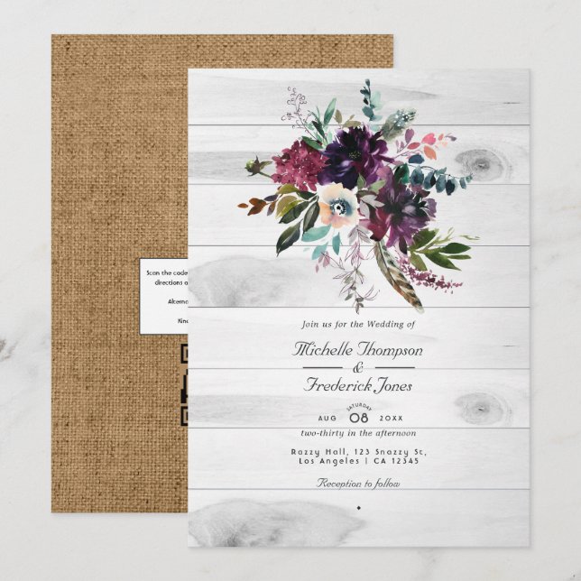 Convite Código QR Floral Rústico RSVP Casamento Boêmio (Frente/Verso)