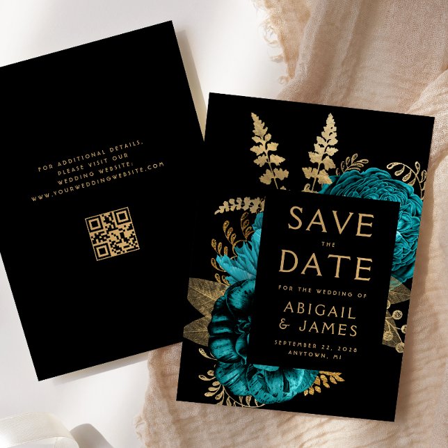 Convite Código QR Floral Turquoise Casamento Salvar Data (Criador carregado)