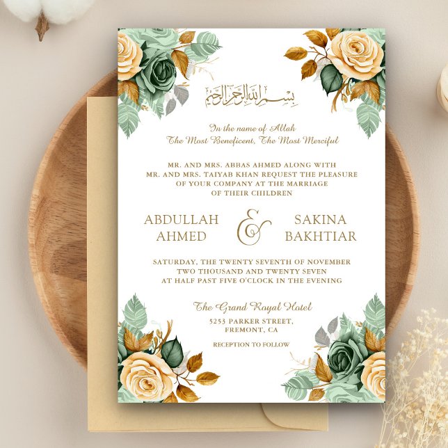 Convite Código QR Floral Verde Creme Dourado Casamento Muç (Criador carregado)