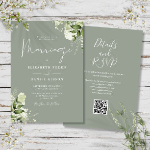 Convite Código QR Floral Verde Oliva Casamento Vegetação