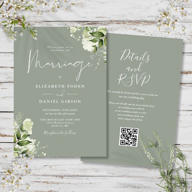 Convite Código QR Floral Verde Oliva Casamento Vegetação (Greenery Floral QR Code Sage Green Wedding Invitation)