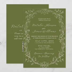 Convite Código QR Floral Verde Oliva Luxuoso para Casament