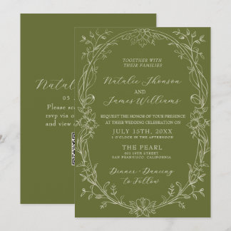 Convite Código QR Floral Verde Oliva Luxuoso para Casament