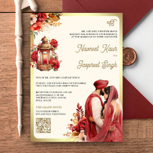 Convite Código QR Floral Vermelho Anand Karaj Casamento Si