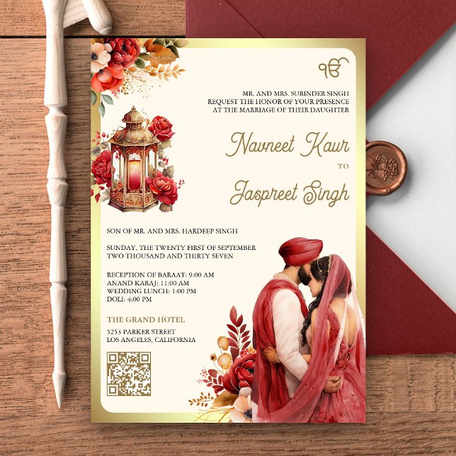 Convite Código QR Floral Vermelho Anand Karaj Casamento Si (Criador carregado)