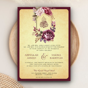 Convite Código QR Floral Vintage Borgonha Casamento Muçulm