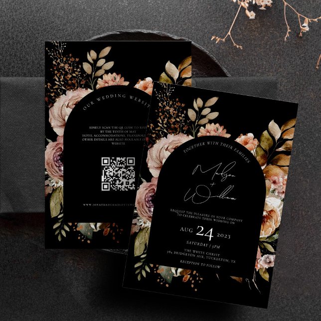 Convite Código QR Flores de Aquarela Casamento outono Boho (Criador carregado)
