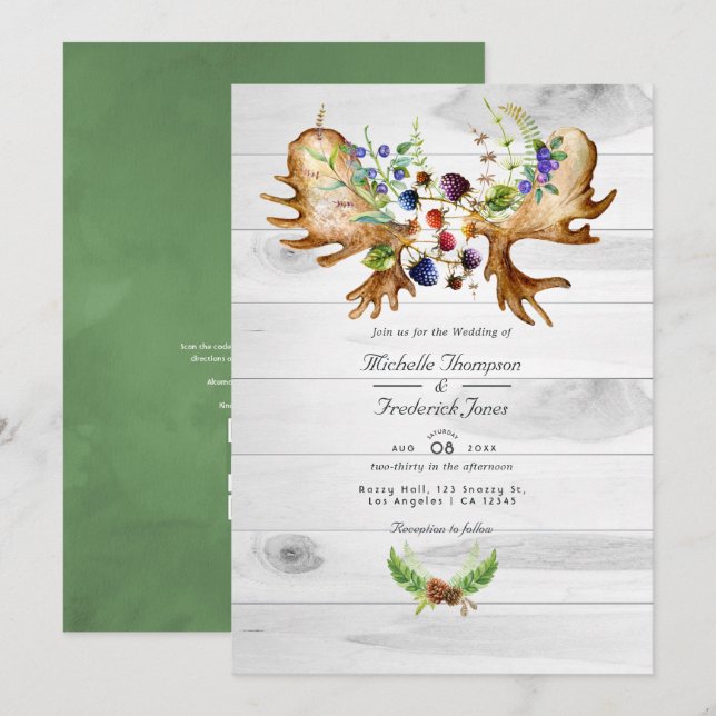Convite Código QR Floresta Rústica Aquarela RSVP Casamento (Frente/Verso)