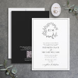 Convite Código QR Formato preto branco Folheto branco Mono<br><div class="desc">Estamos amando esta moda, convite formal de casamento em Black White! Simples, elegante e tão bonito, ele apresenta uma coroa desenhada à mão rodeando um monograma moderno de casamento. Tradicional em termos de redação, apresenta os nomes dos pais que alojam o casamento, é personalizado em tipografia elegante, e acentuado com...</div>