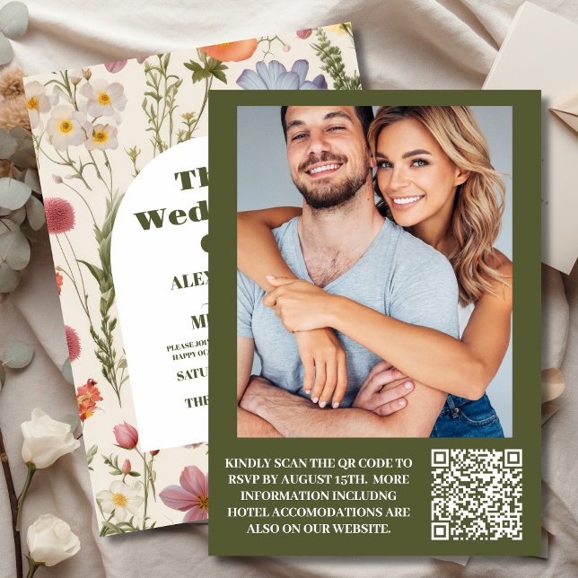 Convite Código QR Foto Boho Wildflower Casamento Botânico (Criador carregado)