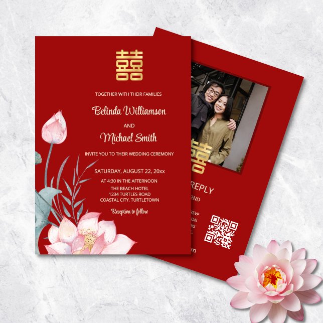 Convite Código QR Foto | Casamento Chinês Lotus (Criador carregado)