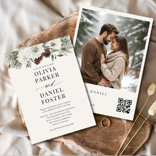 Convite Código QR Foto de inverno Elegante Evergreen Weddi