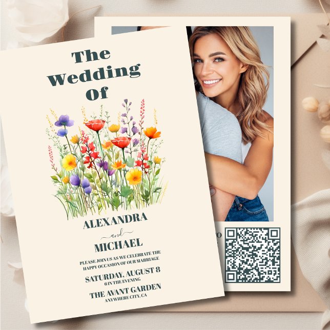 Convite Código QR Foto de Wildflower Wedding Boho País (Criador carregado)