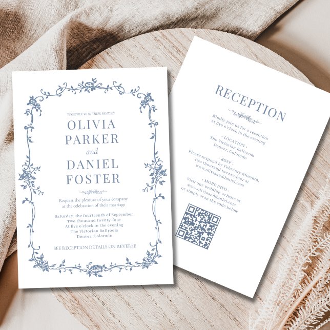 Convite Código QR francês - Tudo em um casamento azul empo (Criador carregado)