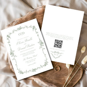Convite Código QR francês vitoriano Sage Green Wedding