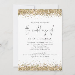 Convite Código QR Glam Gold Bordas com Brilho Casamento
