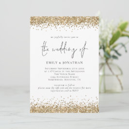 Convite Código QR Glam Gold Bordas com Brilho Casamento