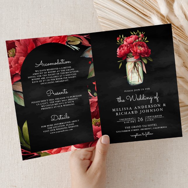 Convite Código QR Jarra de Mason Peônia Vermelha Casamento (Criador carregado)