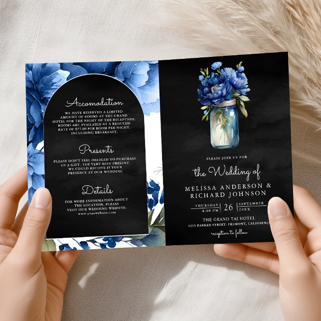 Convite Código QR Jarro de Pedra Floral Azul Real Casament (Criador carregado)