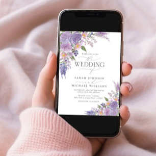 Convite Código QR Lavanda Lilac Casamento Floral de Script