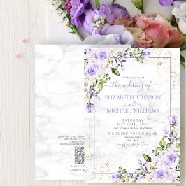 Convite Código QR Lavanda Lilac Casamento Floral Dourado M