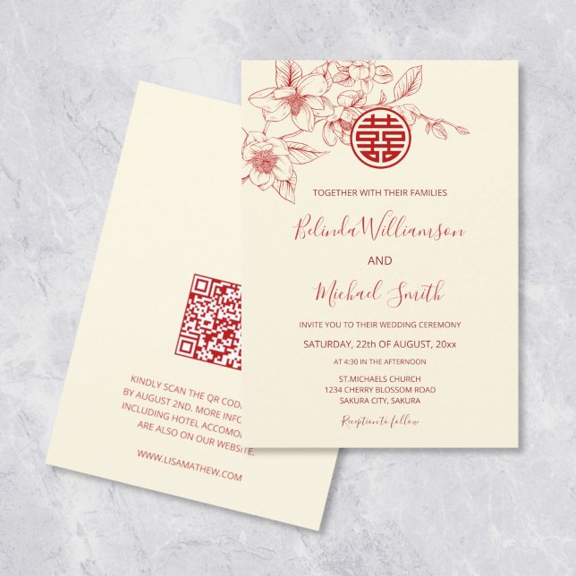 Convite Código QR | Magnolia Red Cream Chinese Wedding (Criador carregado)