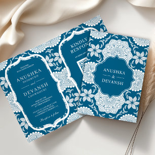 Convite Código QR Mandala Azul e Branco Casamento Indiano