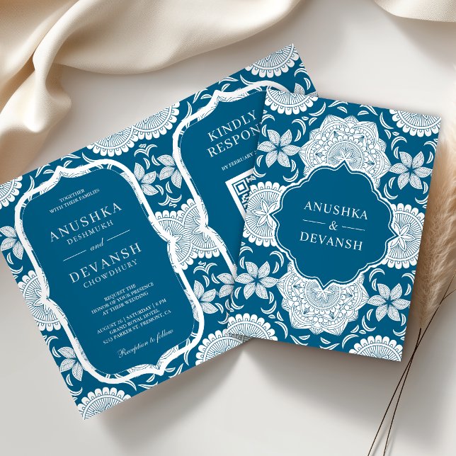 Convite Código QR Mandala Azul e Branco Casamento Indiano (Criador carregado)