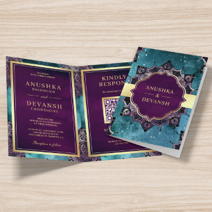 Convite Código QR Mandala Roxo Galáxia Turquesa Casamento 