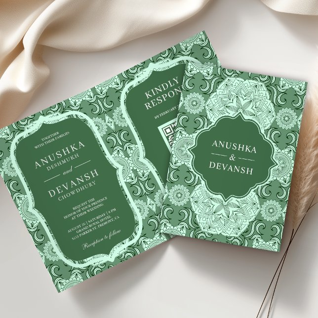 Convite Código QR Mandala Verde Casamento Indiano (Criador carregado)
