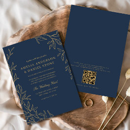 Convite Código QR Marinho  Azul Dourado Casamento Mínimo