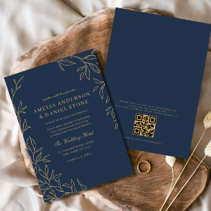 Convite Código QR Marinho Azul Dourado Casamento Mínimo