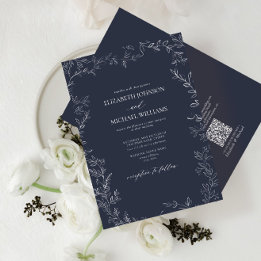Convite Código QR Marinho Legante Casamento Mínimo de Folh