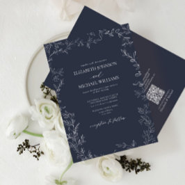 Convite Código QR Marinho Legante Casamento Mínimo de Folh