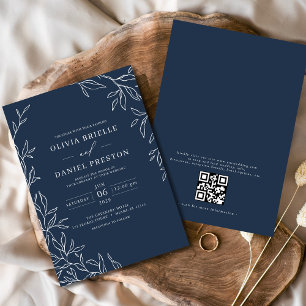 Convite Código QR Marinho Moderno Casamento Mínimo de Folh