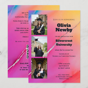 Convite 🎓 Código QR Mármore Arco-Íris Rosa Festa de Forma