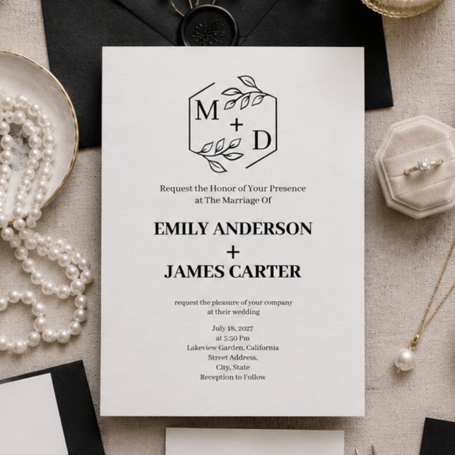 Convite Código QR Minimal Monograma Botânico Casamento  (black and white monogram elegant wedding invitation)