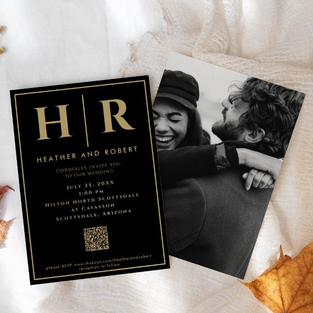 Convite Código QR Mínimo Clássico Simples Monograma de Cas (Criador carregado)