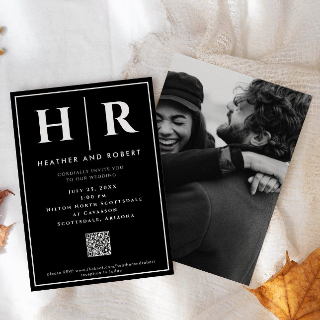 Convite Código QR Mínimo Clássico Simples Monograma de Cas (Criador carregado)