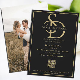 Convite Código QR Mínimo Simples Monograma de Casamento Cl