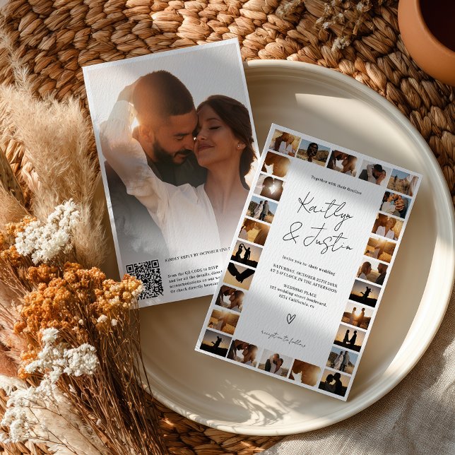 Convite Código Qr moderno Casamento mínimo 29 Foto em Grad (Modern Qr code Minimal 29 Photo Grid Wedding Invitation)