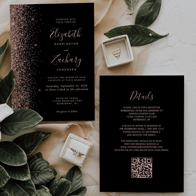 Convite Código QR Moderno de Casamento com Brilho em Ouro  (Criador carregado)