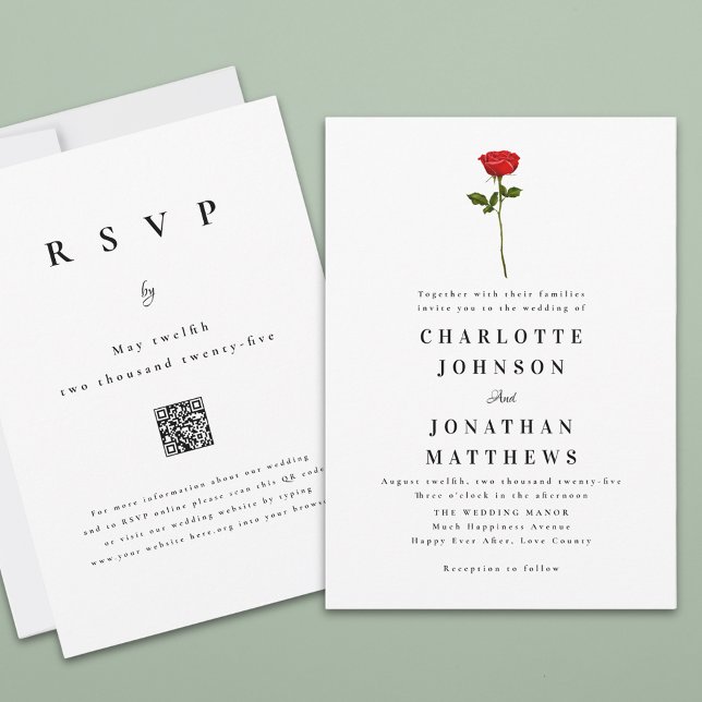 Convite Código QR moderno e elegante de Rosa vermelha mini (Single red rose watercolor elegant modern wedding qr code invitation )